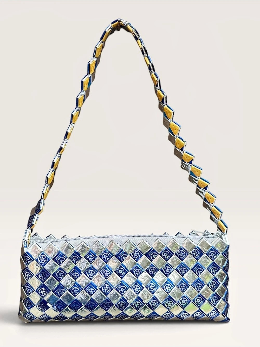 Vintage Upcycled Woven Candy Wrapper Shoulder Bag Eco Pop Art Purse Blue Silver